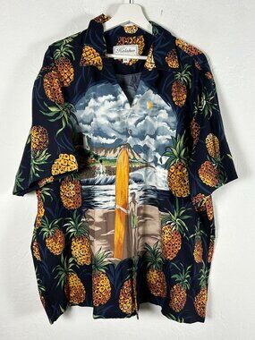 RARE Kalaheo Mens XL Hawaiian Shirt Navy Pineapple Surfer Diamond Head Scene